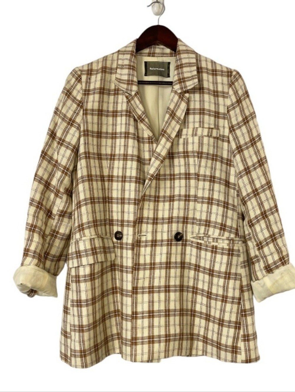 MWT Reformation Cream and Brown Plaid Blazer - Picture 3 of 11